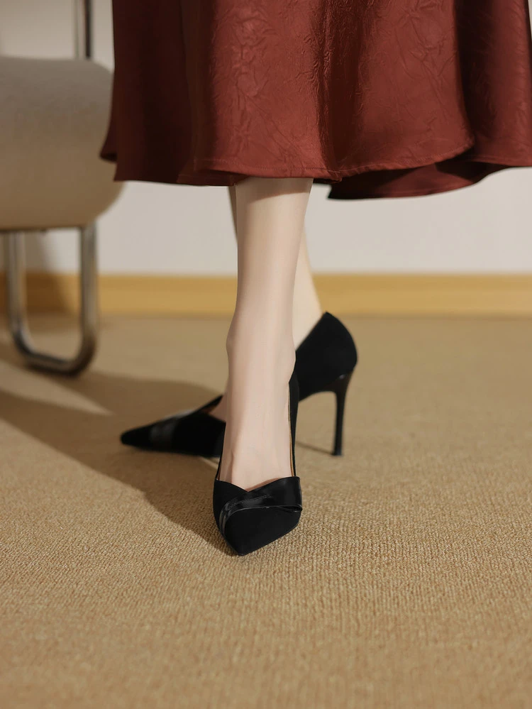 尖头一脚蹬浅口高跟细跟舒适单鞋黑色时尚秋季春秋春季中跟粗跟