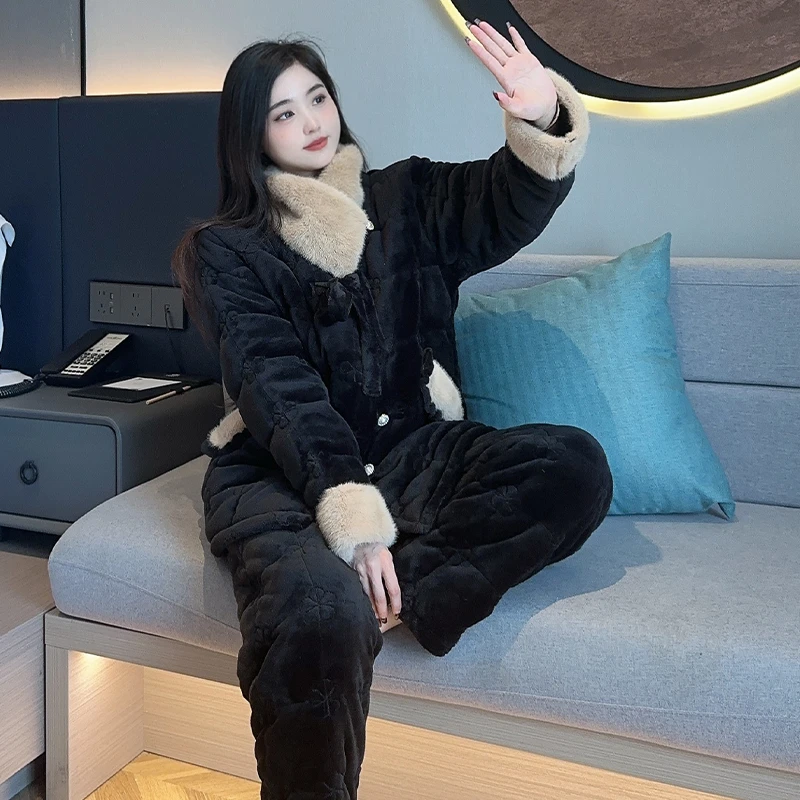 庆同2025年新款睡衣加绒加厚女士冬季舒适时尚保暖外穿家居服套装
