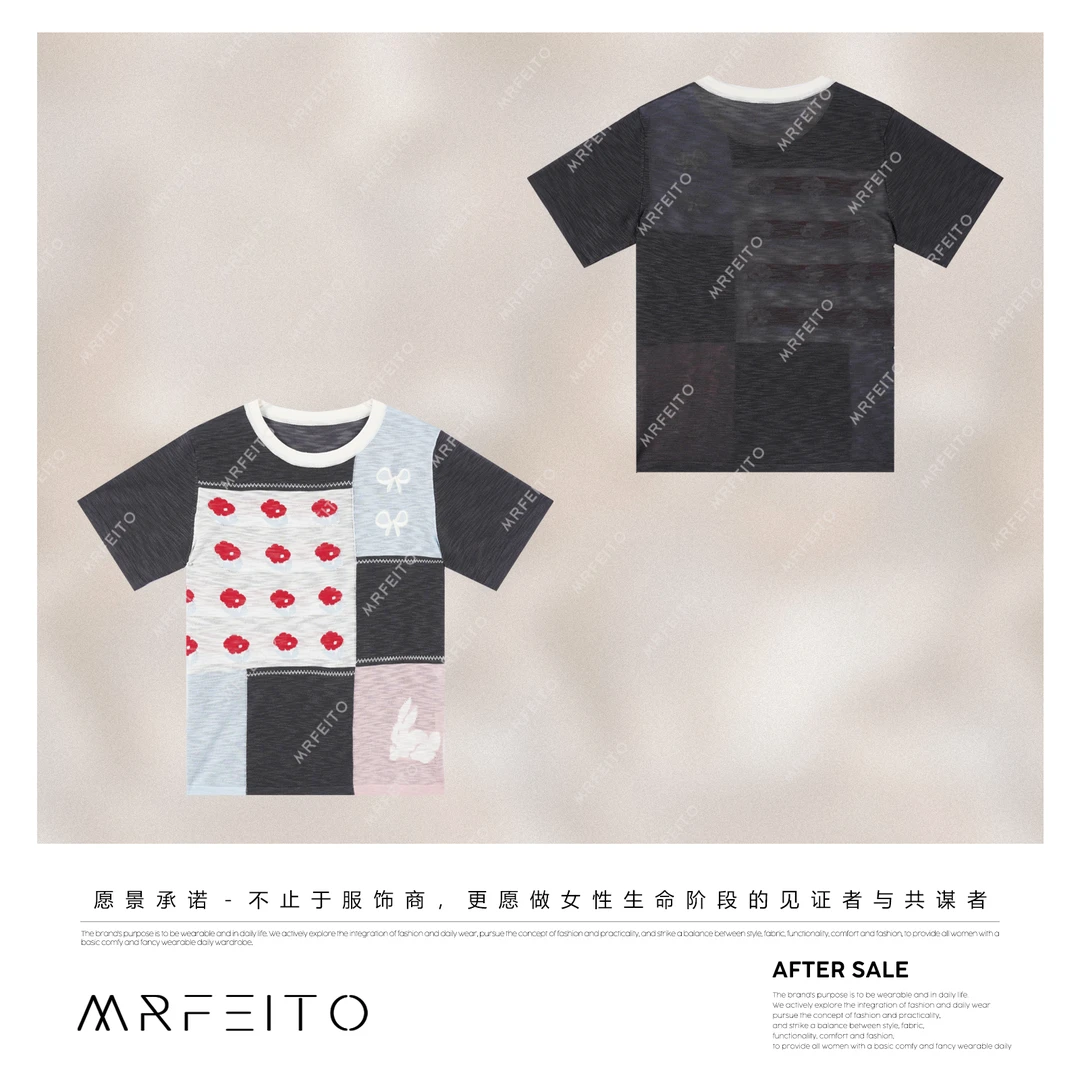 MRFEITO【云卷云舒】时尚拼色简约刺绣蝴蝶结女士上衣H15TX02X32166