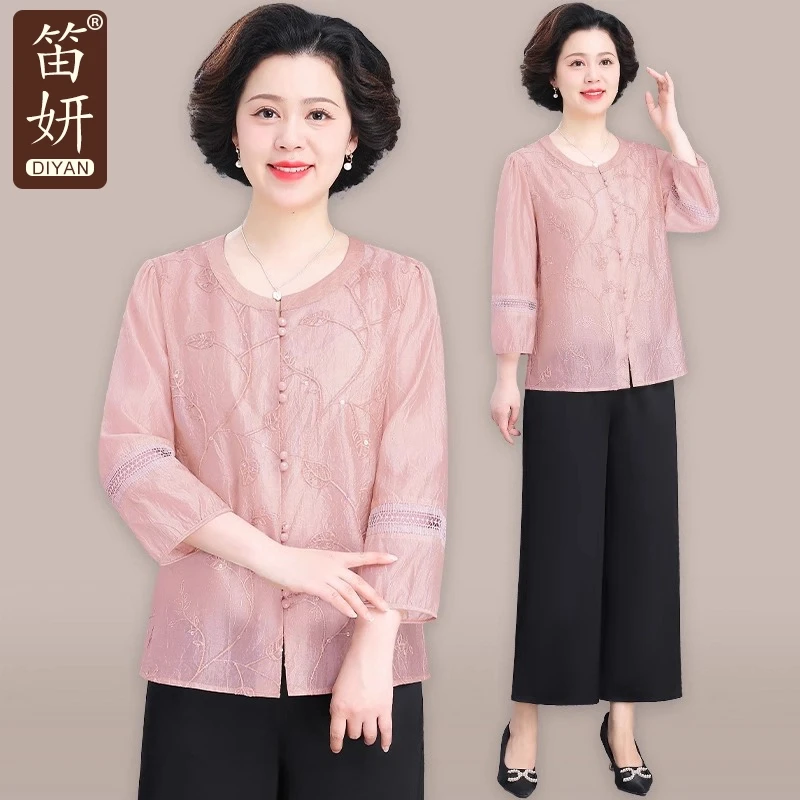 中年妈妈夏装洋气长袖衬衫贵夫人高端上衣中老年人女春夏小衫套装