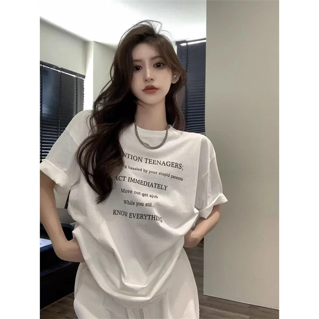 白色T恤女短袖夏季韩国宽松显瘦慵懒风休闲百搭半袖圆领小众上衣