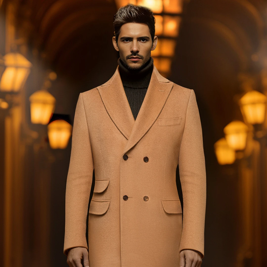 米纱迪意式羊绒羊毛混纺冬季休闲呢子长款骆色时尚男士保暖大衣