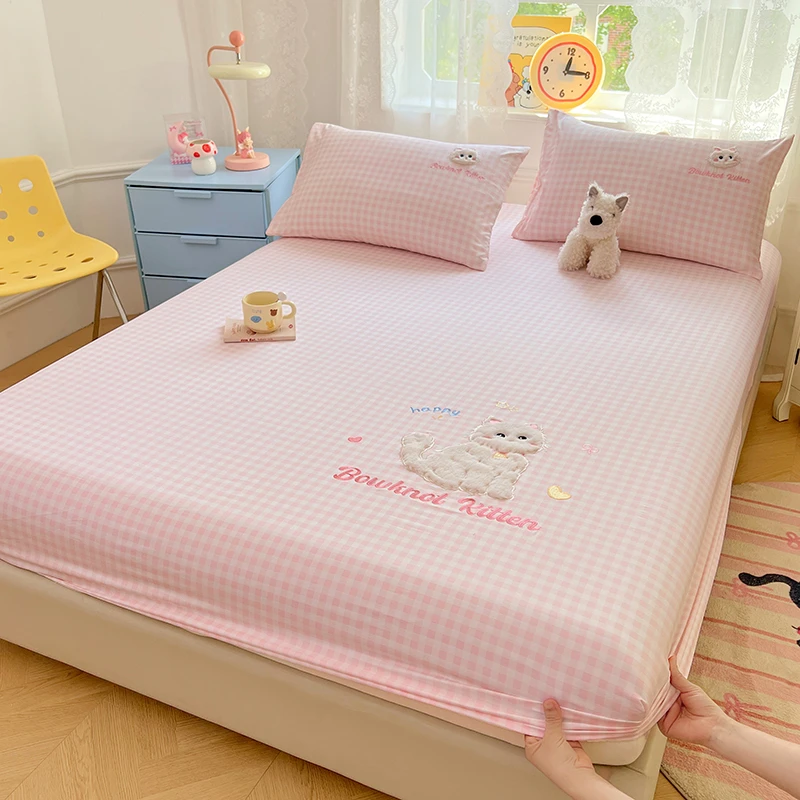 卡通奶猫心动粉格水洗棉兔毛贴布绣床笠单件学生宿舍床垫罩保护套