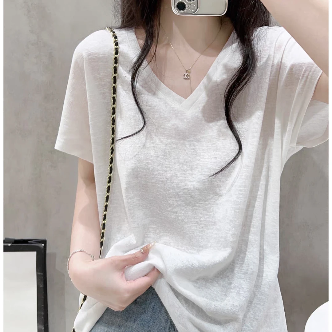 短袖V领薄款白色t恤夏季女装宽松显瘦慵懒风小众体恤休闲百搭上衣