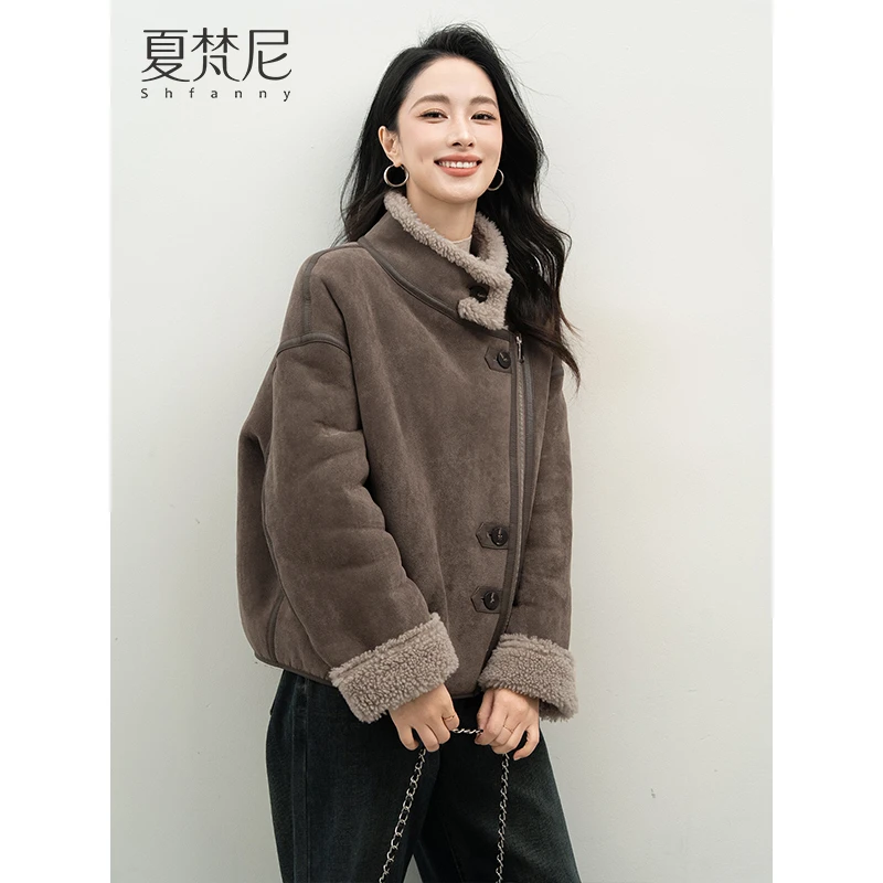 夏梵尼沉寂雪淞2025冬季仿皮毛一体百搭宽松小个子麂皮绒毛毛外套
