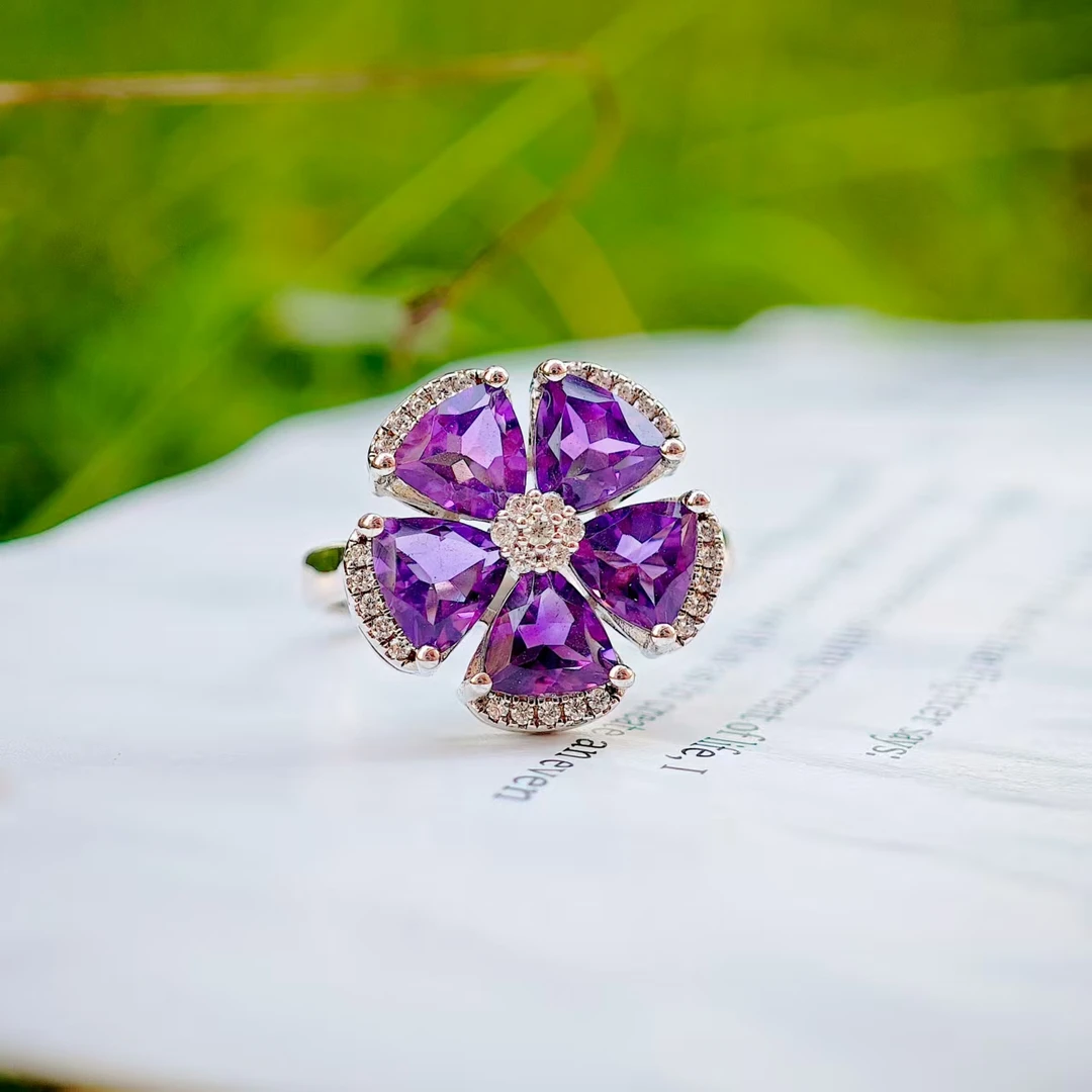 S925银紫晶戒指时尚气质精美花朵