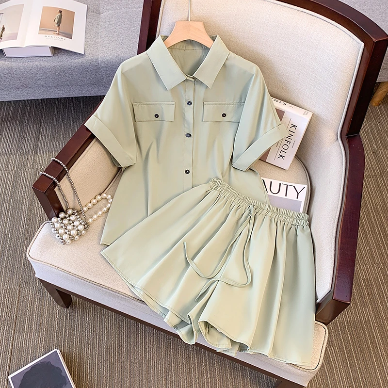 2025夏款胖mm大码女时尚休闲短袖上衣松紧腰短裤两件套装 20049