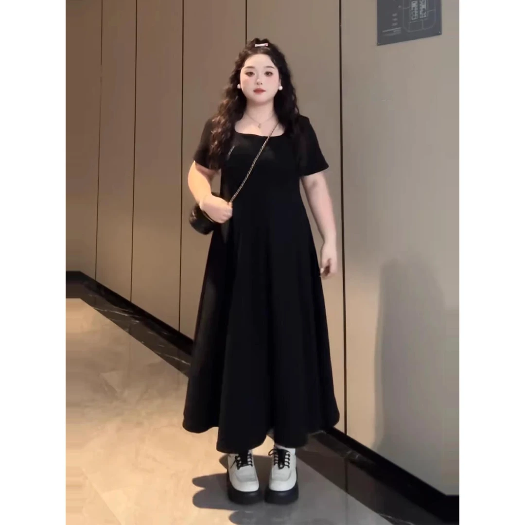 大码法式赫本风方领连衣裙女夏季胖mm梨型身材显瘦a字大摆长裙子