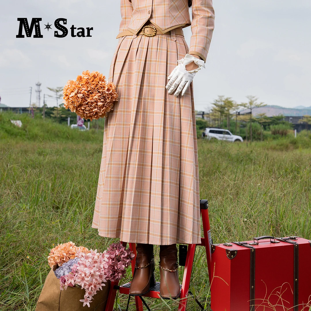 【程钱钱】M-Star复古格子压褶长半身裙 SFEQ112650