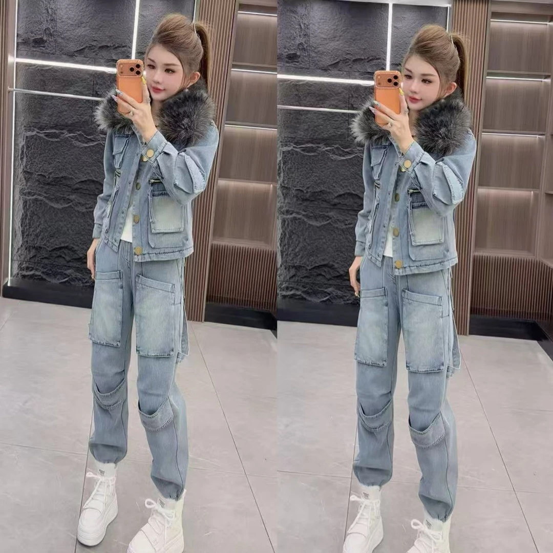 冬季6422夹棉加厚可拆卸毛领上衣外套 加 加绒束腿长裤 两件套