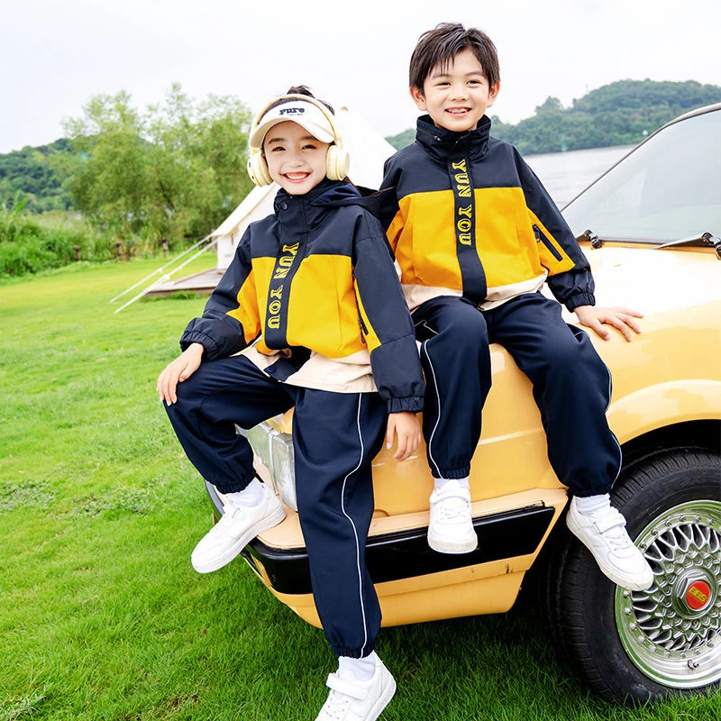 B296蓝黄三色拼接冲风衣【两件套】男女同款