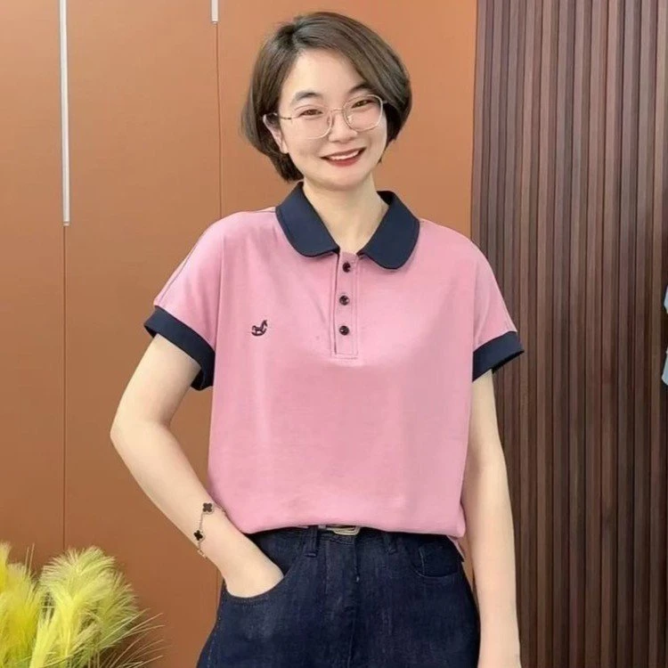 夏季新款刺绣撞色翻领时尚洋气T恤2025显瘦百搭短袖上衣