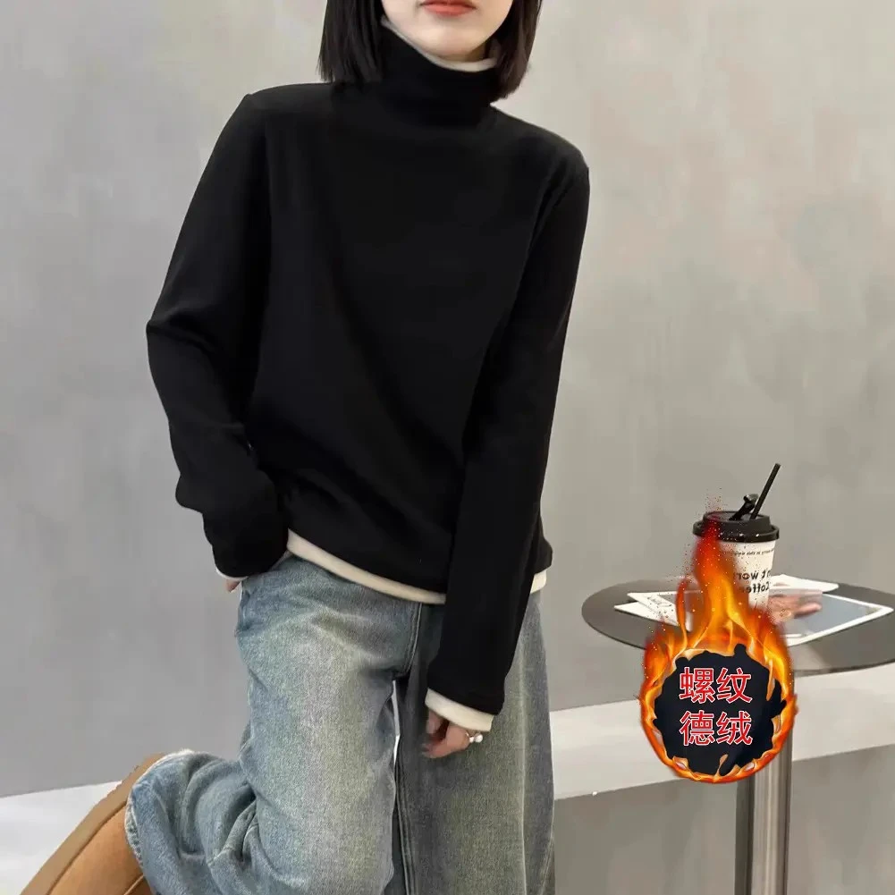 冬季双面绒保暖打底衫上衣女士2025新款休闲百搭大码半高领内搭