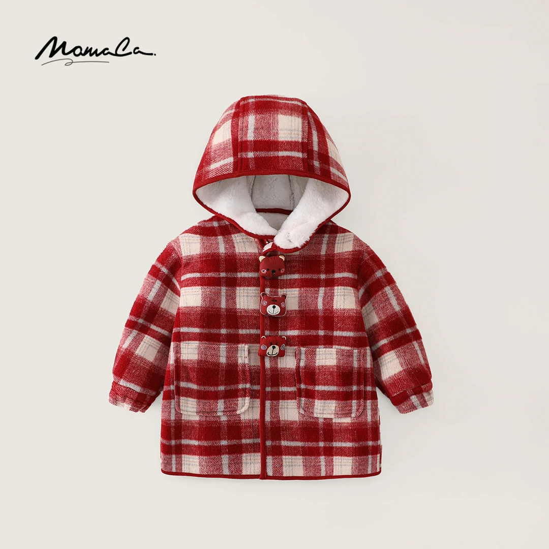 MOMOCO冬季男童格子加绒连帽喜庆毛绒呢子外套大衣77430126006