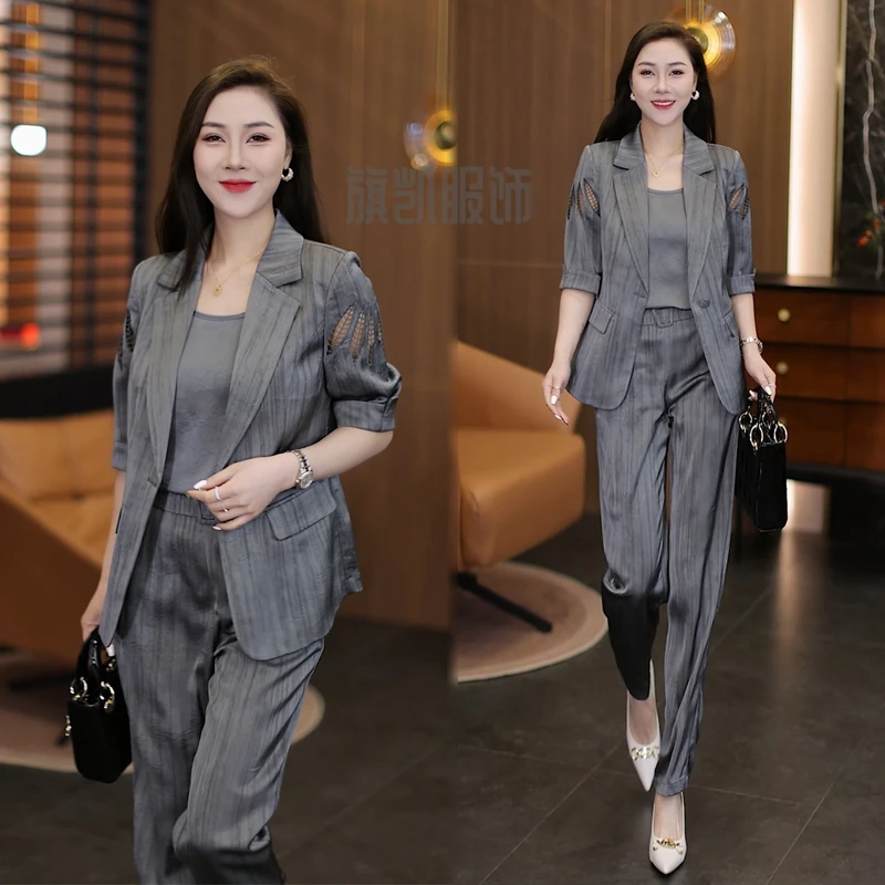 时尚小西装套装女2025夏季新款气质减龄镂空外套背心直筒裤三件套