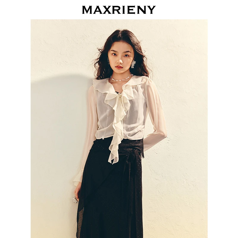 MAXRIENY25年新款精致复古雪纺衫罩衫修身显高级气质感欧若智性风