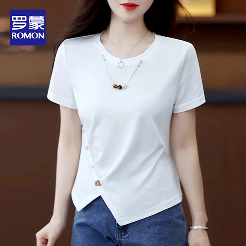 罗蒙女装不规则修身短袖T恤女2025新款洋气减龄设计小众打底衫