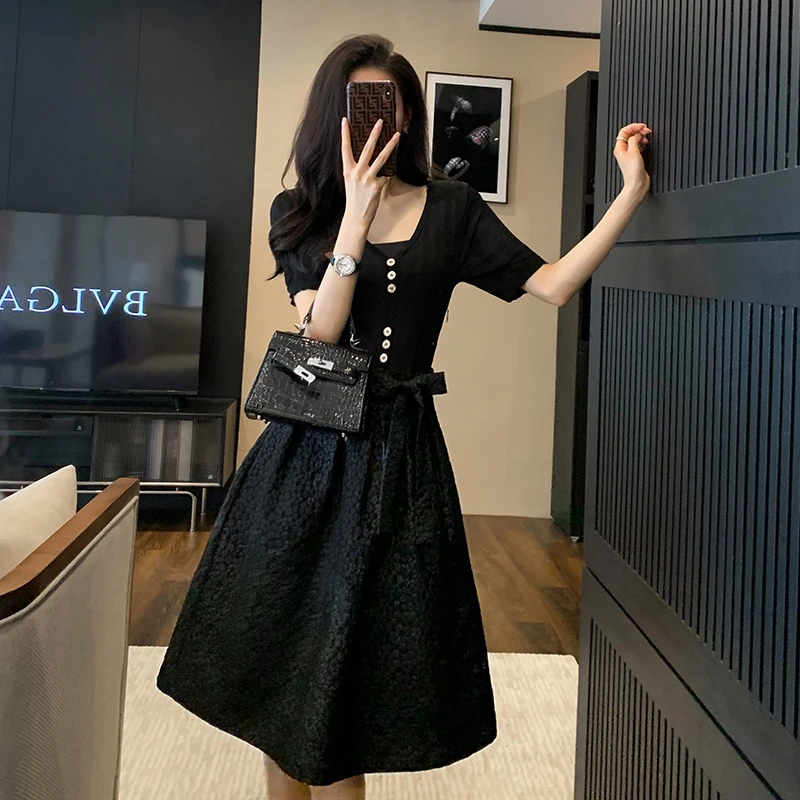 法式气质连衣裙女 夏季新款小个子拼接A字收腰显瘦减龄名媛小黑裙