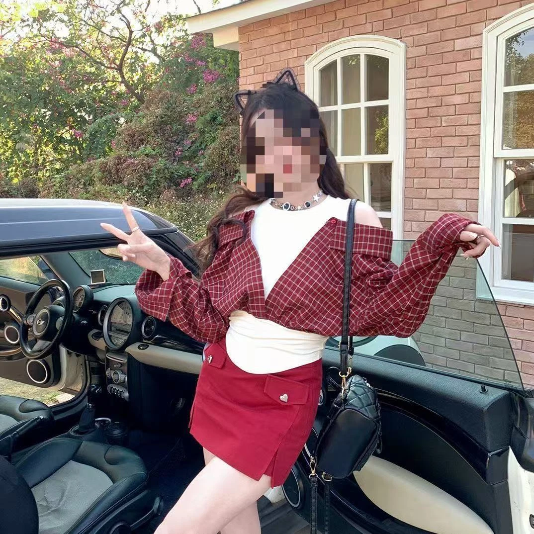 【龙龙】大码撞色拼接衬衫露肩长袖上衣＋半身裙（9252上衣、9253裙）