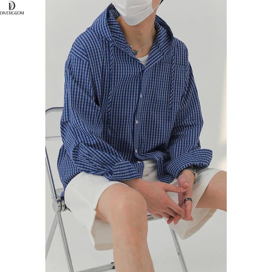 DIIIVERGOM新款韩国宽松休闲长袖连帽衬衫男新款潮牌INS痞帅格子