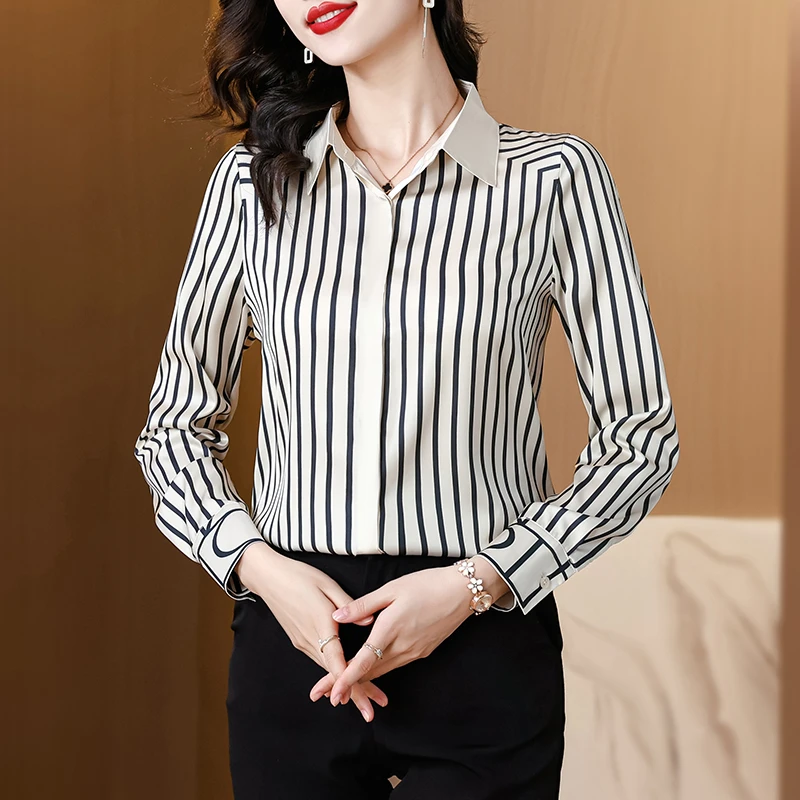 春季百搭洋气印花气质缎面衬衫女时尚显瘦长袖中年减龄翻领衬衣