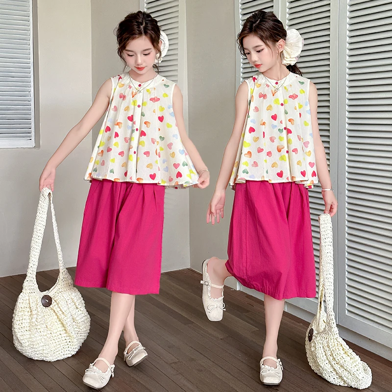 女童夏季套装2025新款儿童森系碎花衬衫中大童洋气阔腿裙裤两件套