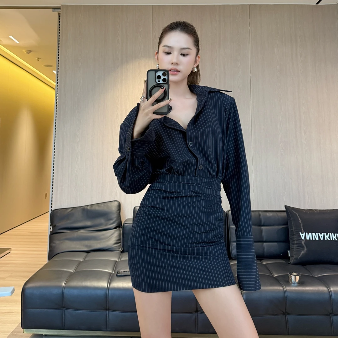 WBHFOR竖条纹衬衫连衣裙  薄肩 腰细