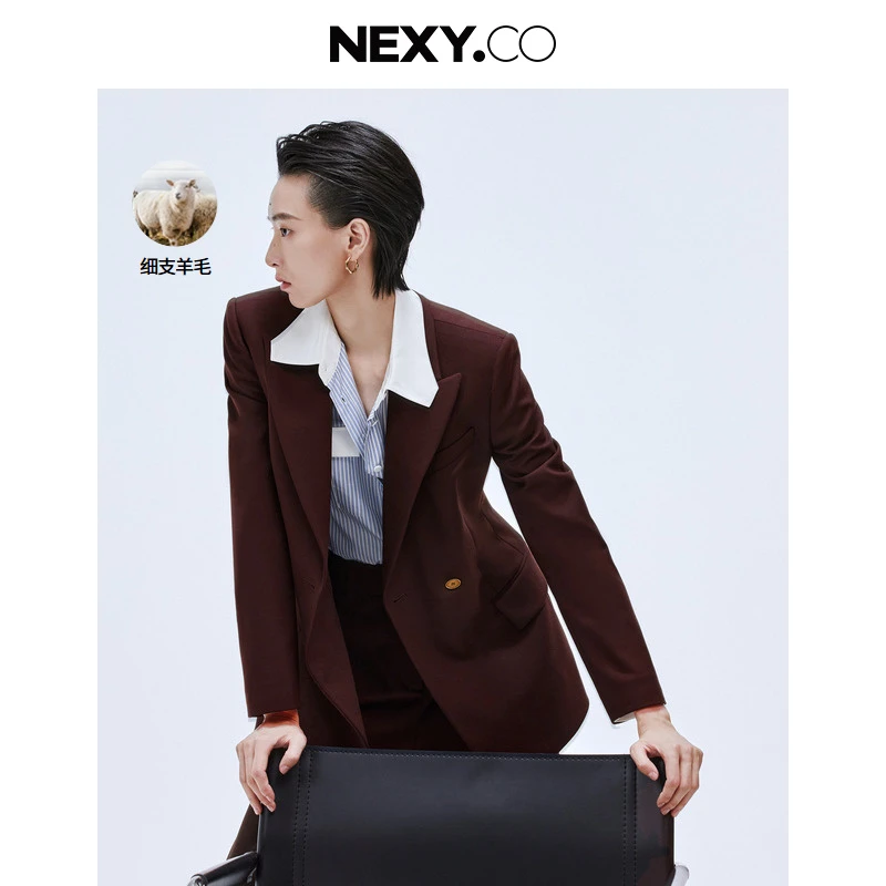NEXY.CO/奈蔻外套|绵羊毛|干练智美|酒红色|职业|西装|XA02031B7