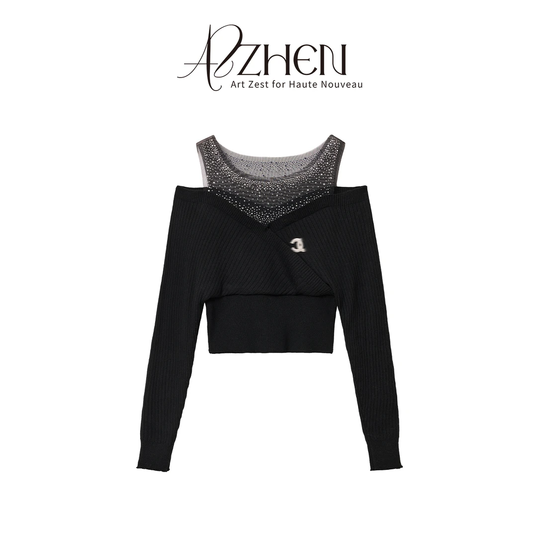 AZZHEN【星河叙意】设计感交叉领网纱烫钻修身显瘦针织衫