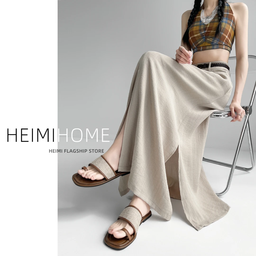 卡其色开叉山本裙女夏薄款高腰a字大摆垂感长裙小个子褶皱半身裙