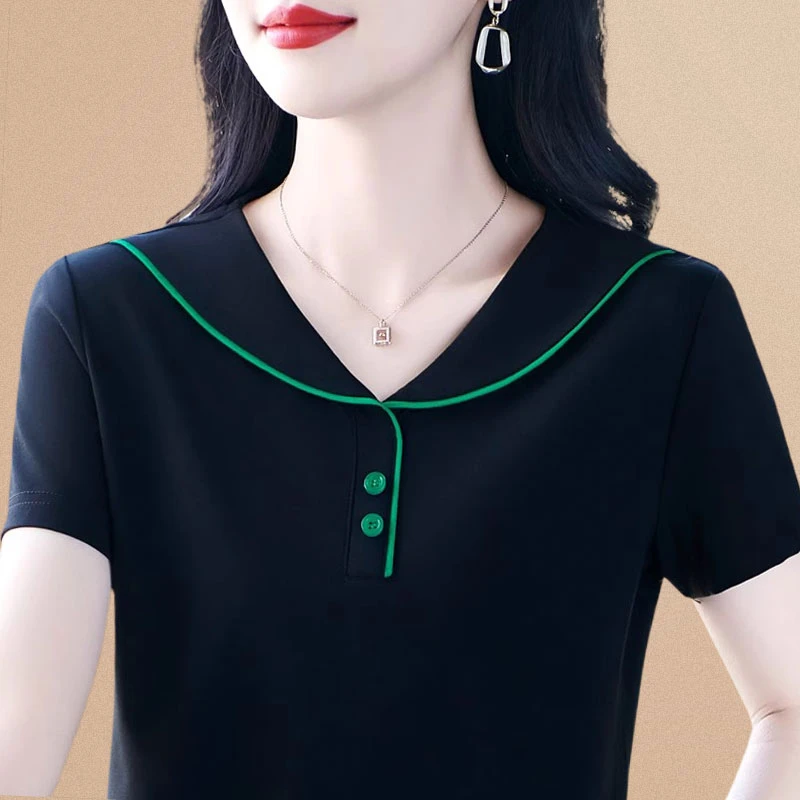 短袖t恤女夏季2025新款时尚冰丝有领半袖透气别致减龄漂亮薄上衣