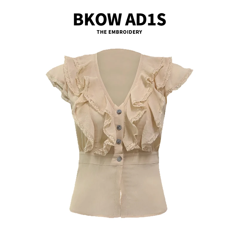 BKOW AD1S 恋夏中古香香温柔蕾丝荷叶边小衫氛围感短袖上衣女