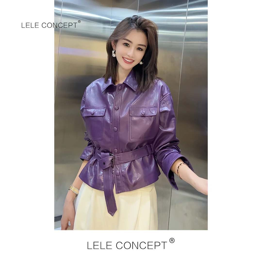 LELE CONCEPT｜翻领收腰短款皮衣P0048