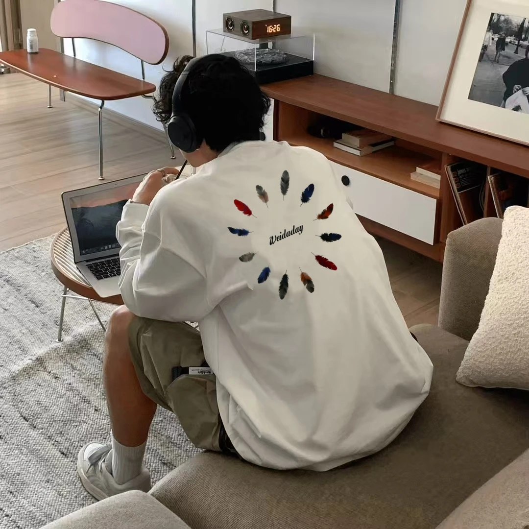 260g重磅纯棉长袖t恤美式高街印花T恤男女2025秋冬新款纯棉打底衫