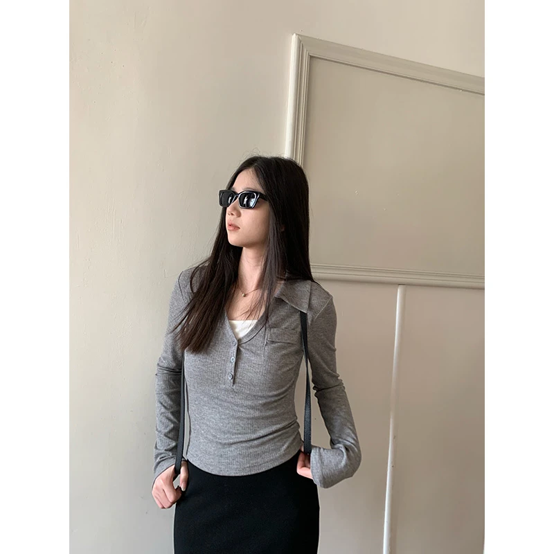 王少女的店【现现】灰色撞色翻领长袖针织衫百搭修身上衣 Z29882S51