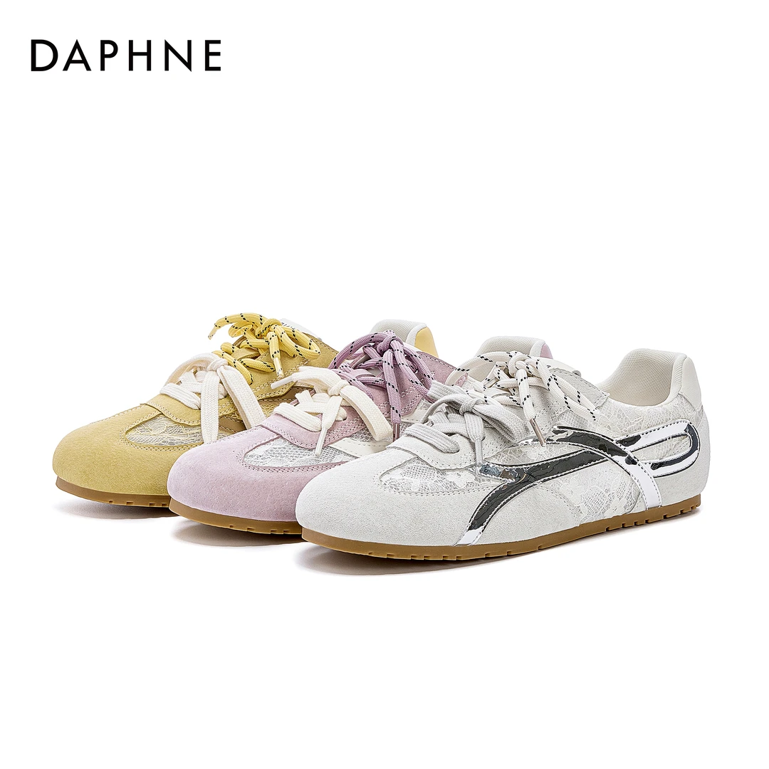 【达芙妮】春夏新款百搭休闲女鞋透气系带厚底舒适德训鞋 跟高2.5