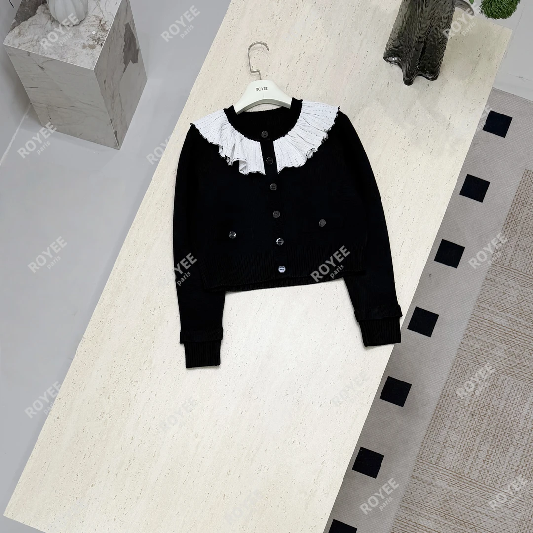 【兰斯美术馆】法式温柔甜美撞色荷叶边领针织开衫上衣女RY1760