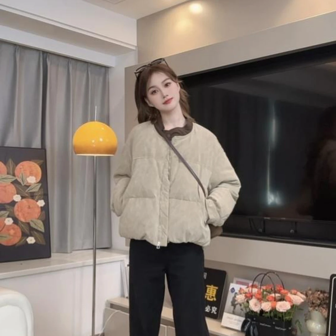 卡其色韩版小个子拼接立领棉服女2025冬季新款斜翻盖口袋面包服