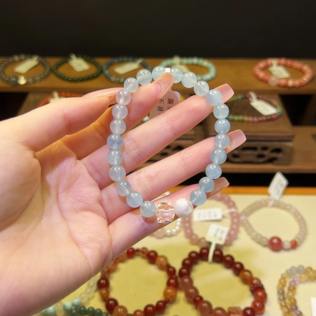 水晶手串银S925镀金镶嵌海蓝122