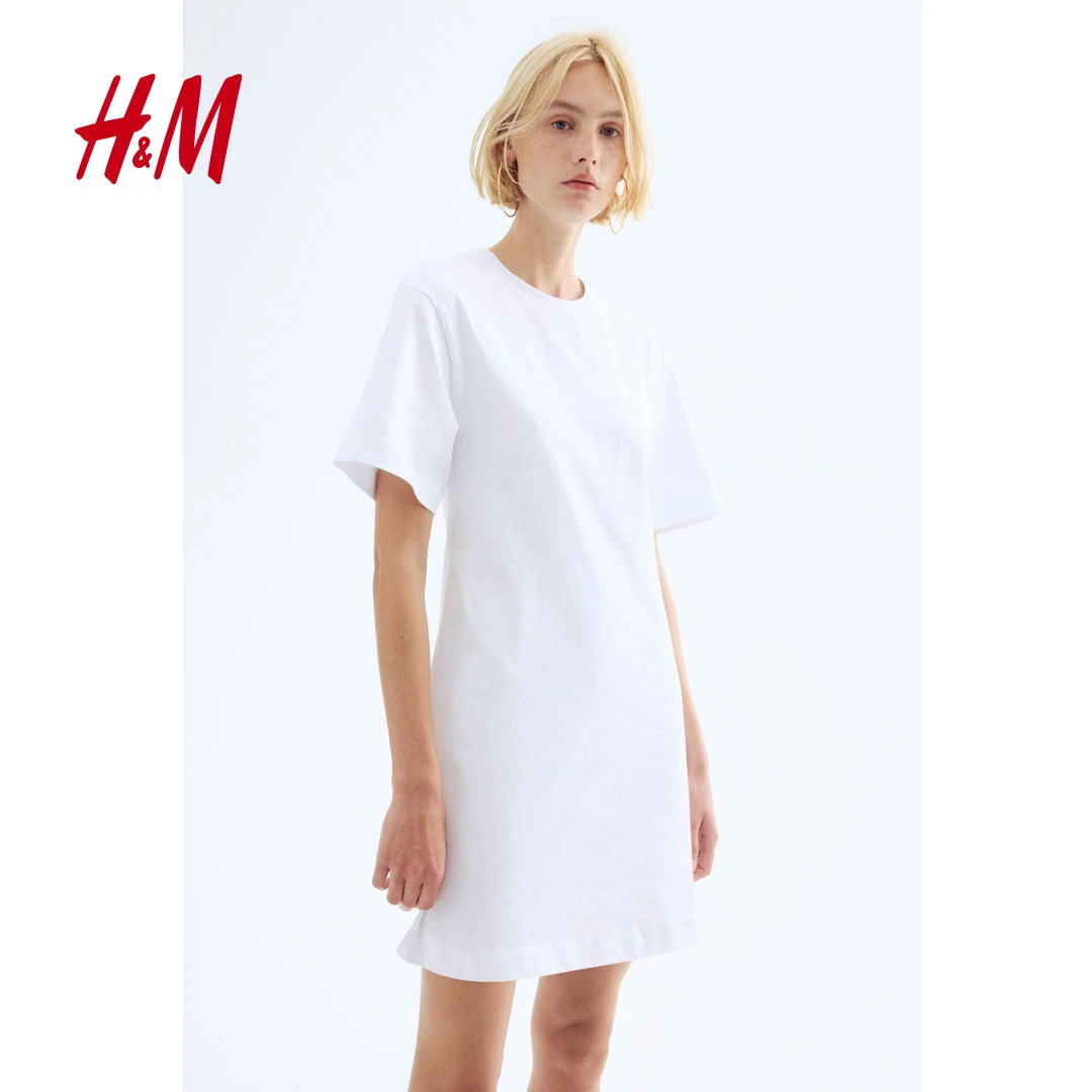 HM汗布连衣短裙流光风圆领罗纹饰边落肩半袖设计连衣裙1283263