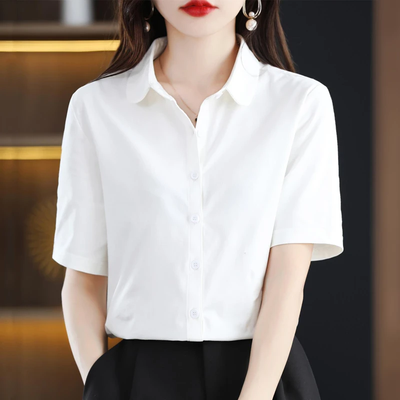 女士简约舒适百搭POLO领纯棉短袖衬衫夏季显瘦宽松时尚洋气潮半袖