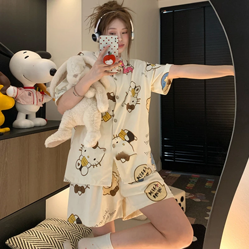 夏季2025年新款咖色凯蒂猫云朵棉甜美卡通睡衣女短袖两件套家居服