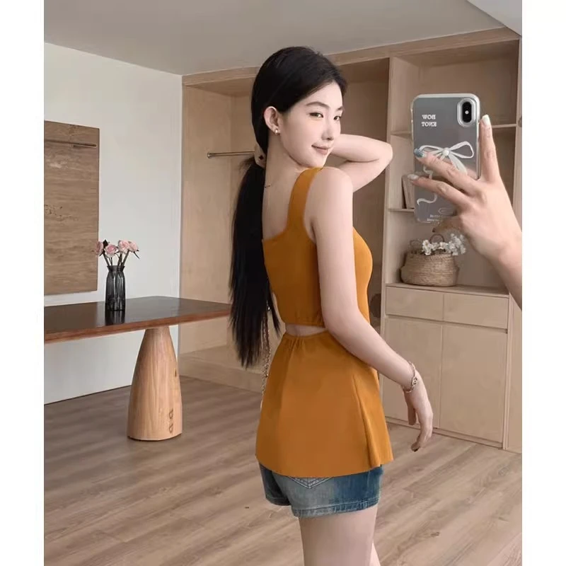 多巴胺音乐节穿搭法式方领吊带背心女夏外穿修身后背镂空无袖上衣