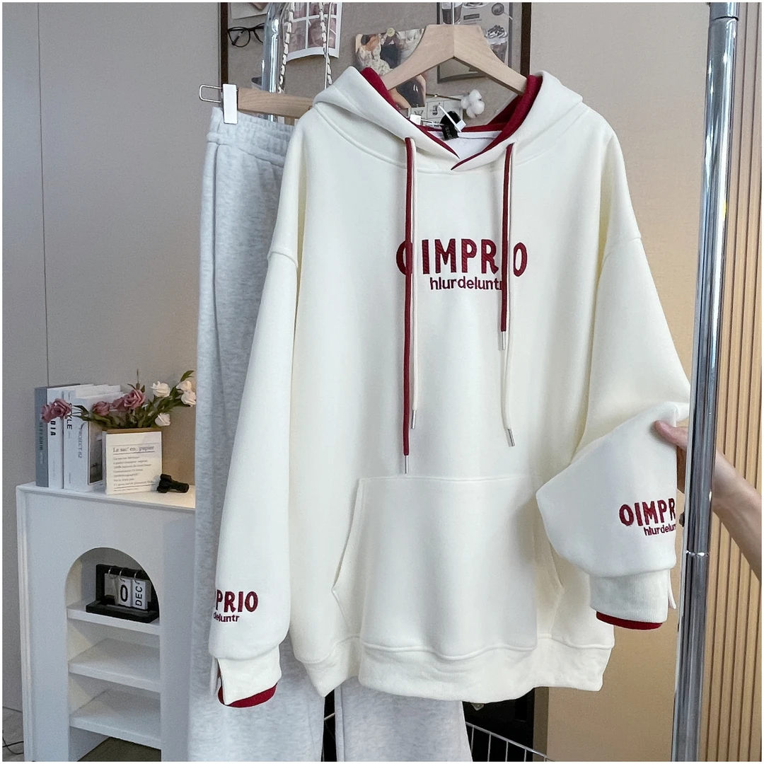 连帽宽松套头撞色帽刺绣字母卫衣2025秋冬季帽衫2002