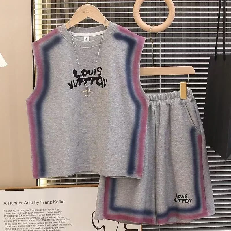 【背心套装】儿童运动时尚针织珠地棉潮酷灰色晕染2025潮童