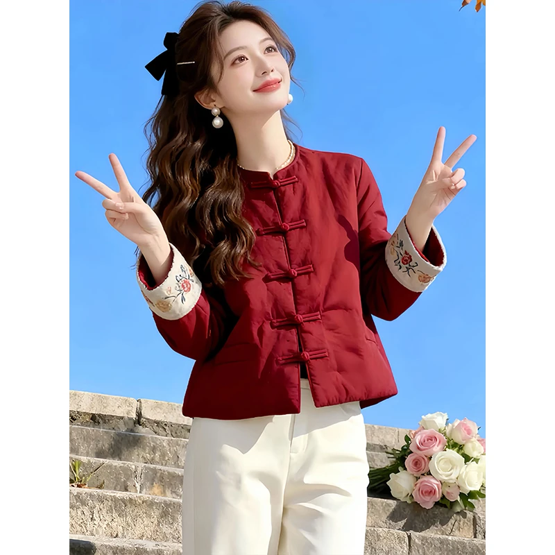 新中式国风盘扣棉服女2025复古风立领新款复古袖口简约红色外套潮