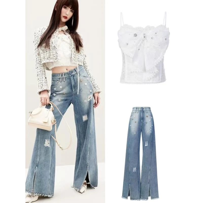 辰辰服饰木子店粗花妮小香外套蝴蝶结吊带花朵牛仔裤