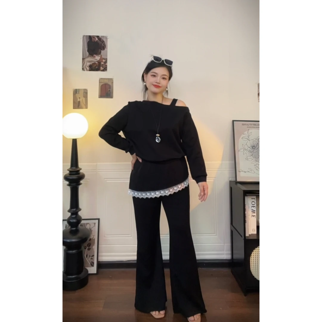 丹丹微胖2025秋季韩系减龄宽松卫衣屁帘裙修身显瘦微喇长裤两件套