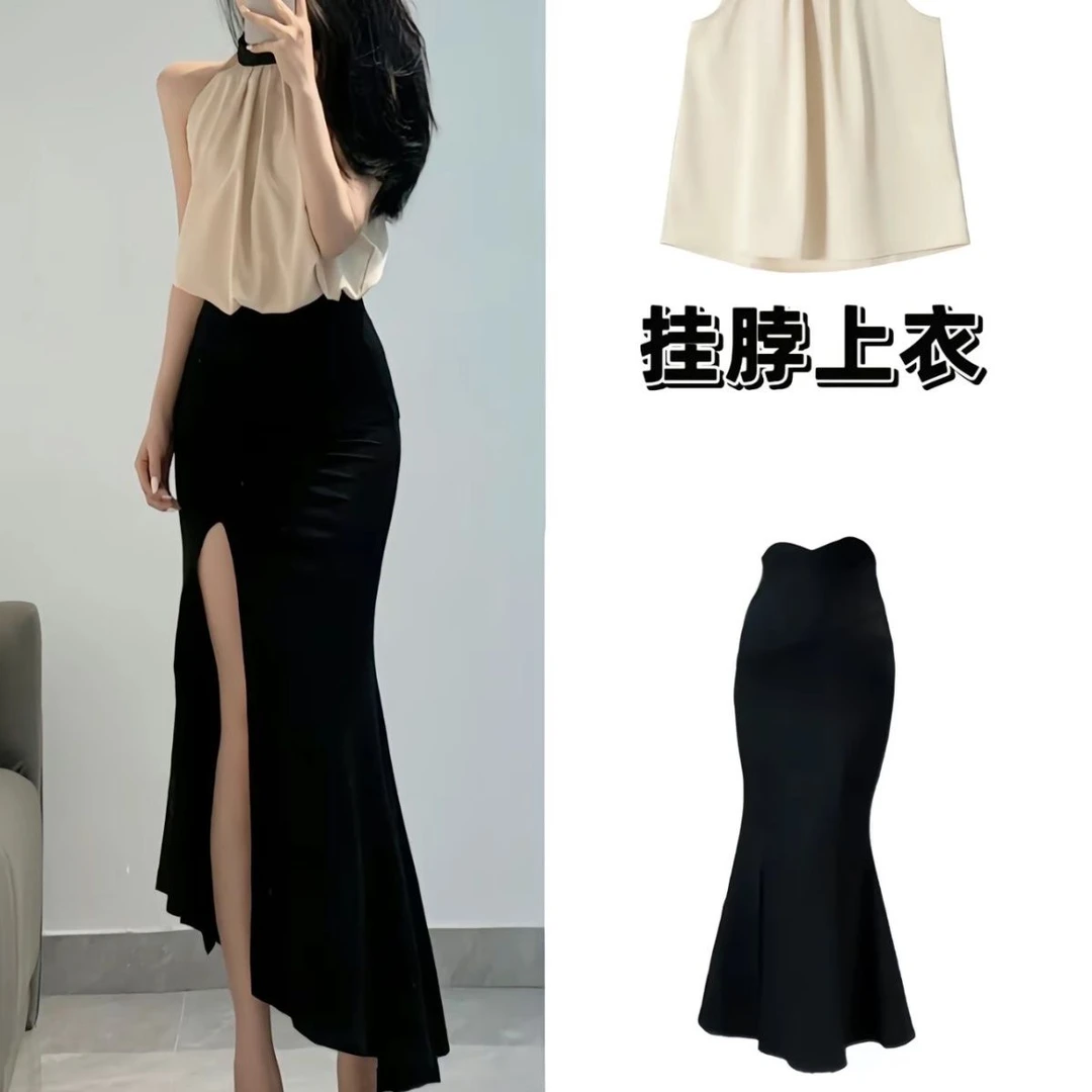 大码女装夏季套装2025新款法式纯欲风轻熟挂脖上衣鱼尾开叉包臀裙