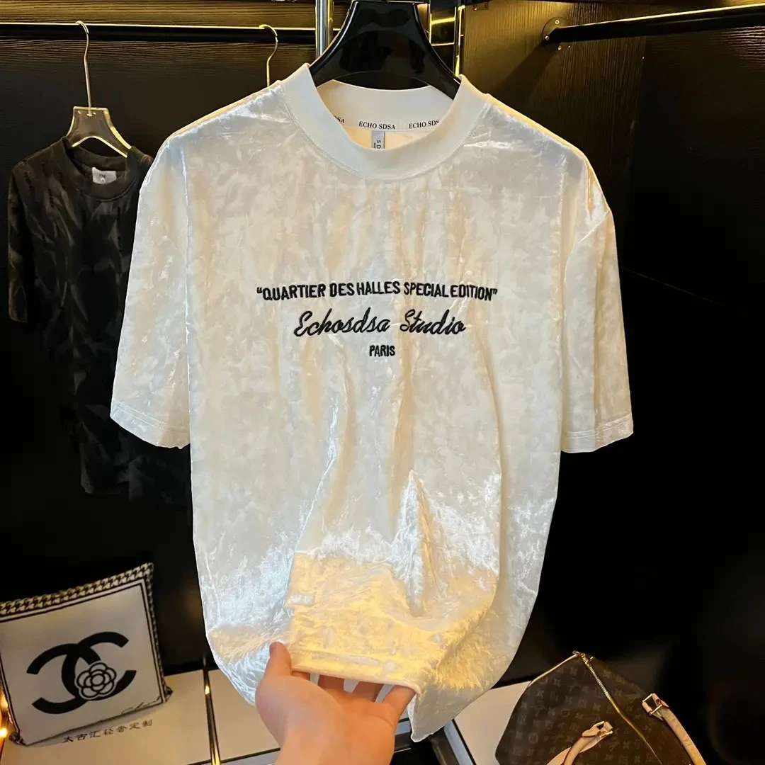 高定气质夏季新款绒面字母印花短袖T恤男潮流百搭时尚休闲体恤衫